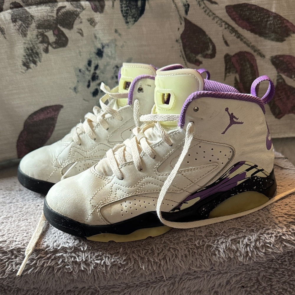 Nike Jordan’s Kids White and Purple High-Top Sneakers with Black Accents